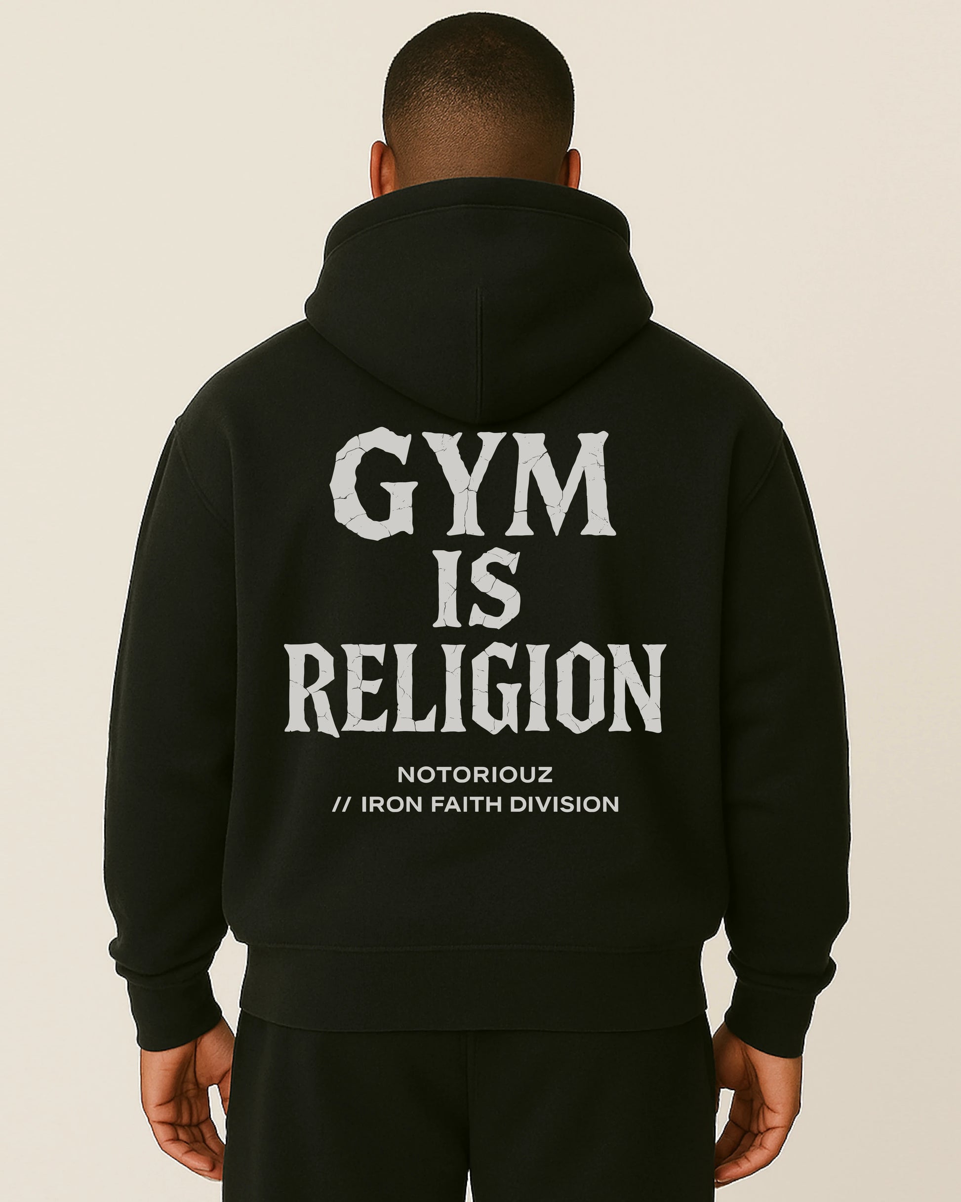 Notoriouz Sportswear Hoodie – GYM IS RELIGION Rückendruck in Grau auf Schwarz