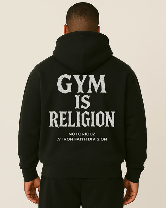 Notoriouz Sportswear Hoodie – GYM IS RELIGION Rückendruck in Grau auf Schwarz