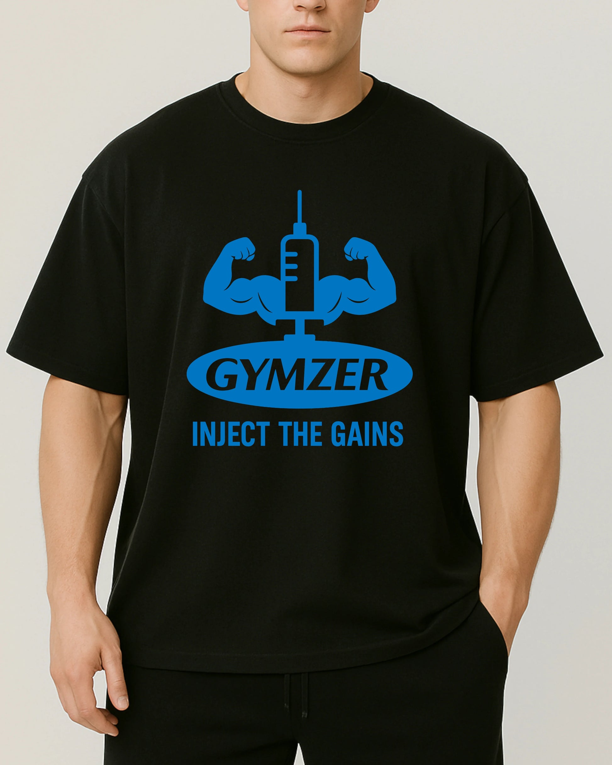 GYMZER Oversize Pumpcover Shirt in Schwarz – lustiges Gymshirt mit Spruch „Inject the Gains“