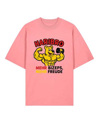 Haribro Oversize Pumpcover Shirt in Pink – Funny Gymwear Shirt mit Bodybuilder-Bär Design