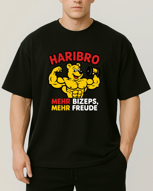 Haribro Oversize Pumpcover Shirt in Schwarz – lustiges Gym Shirt mit Bodybuilder-Bär und „Mehr Bizeps, mehr Freude“-Print