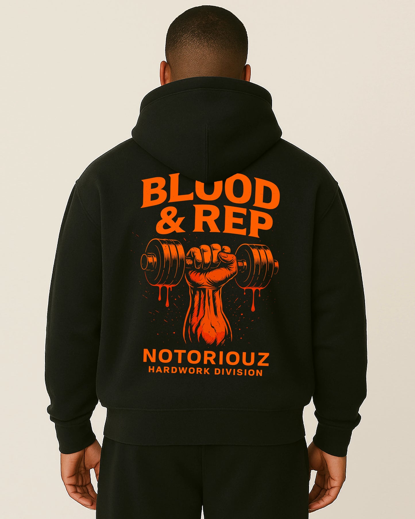 Blood & Rep Hoodie Rückseite – blutige Faust mit Hantel Illustration – Notoriouz Sportswear IRON GENESIS