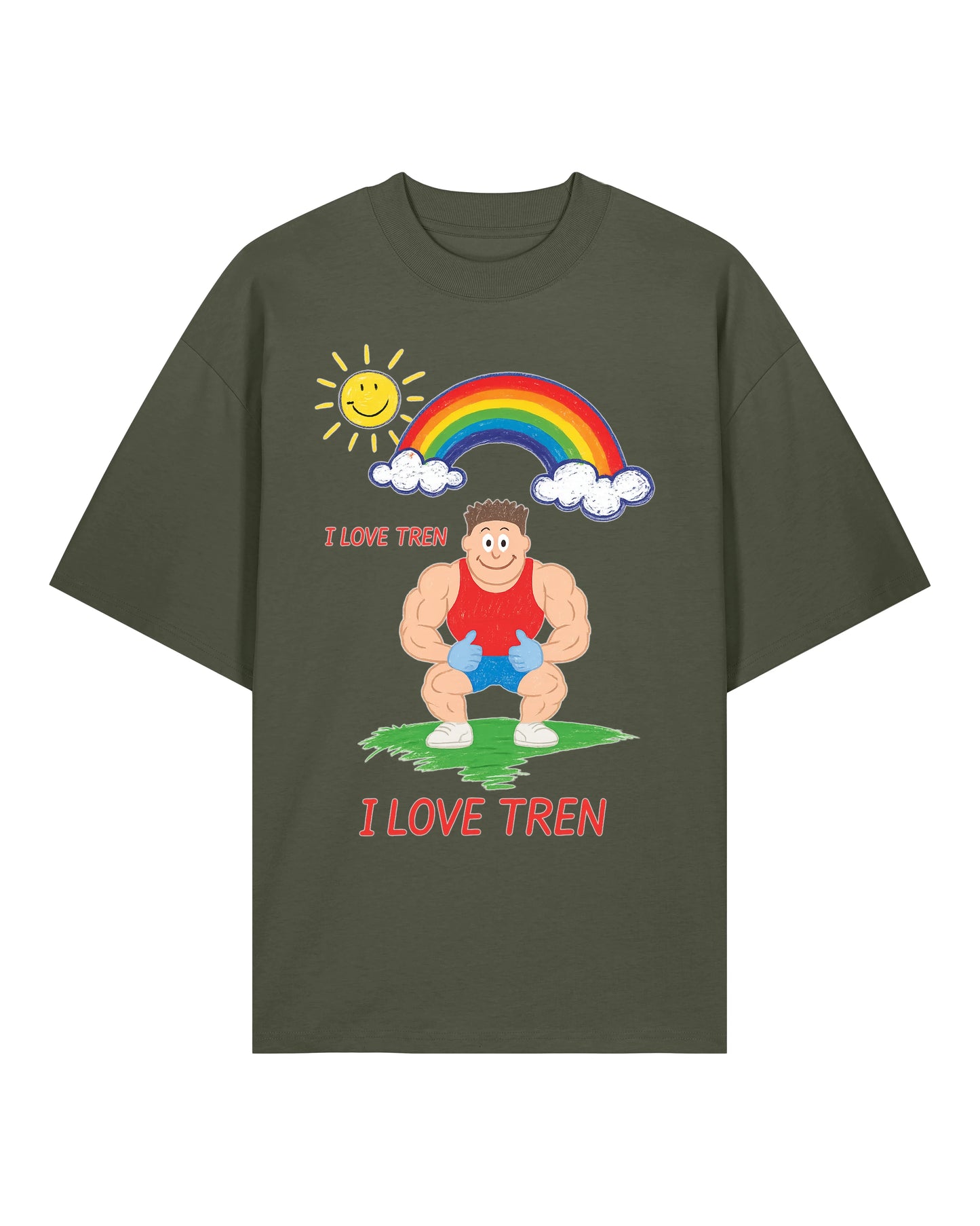 Oversized Gym Shirt „I Love Tren“ in Armygrün – Lustiges Fitness Shirt von Teeflix, 100% Bio-Baumwolle, Pump Cover Herren