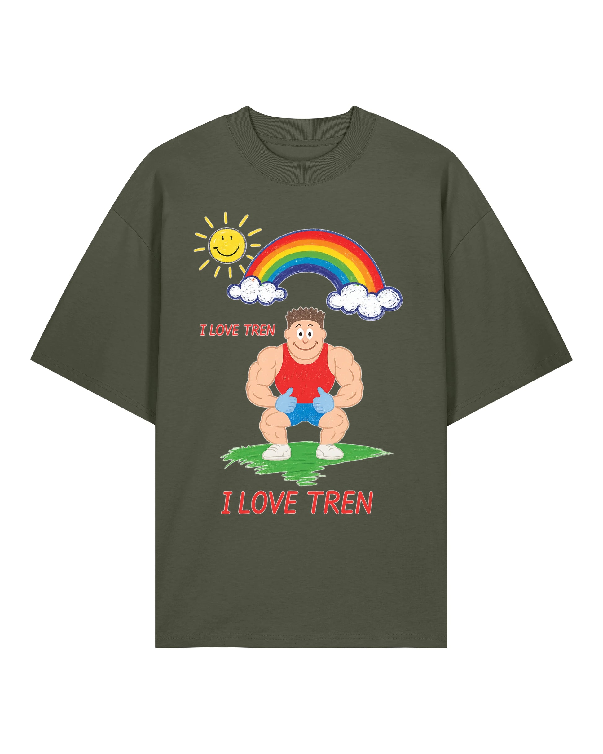 Oversized Gym Shirt „I Love Tren“ in Armygrün – Lustiges Fitness Shirt von Teeflix, 100% Bio-Baumwolle, Pump Cover Herren