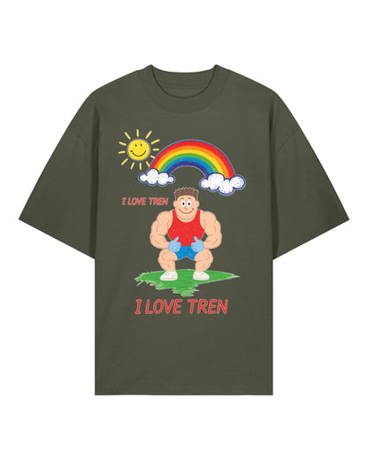 Oversized Gym Shirt „I Love Tren“ in Armygrün – Lustiges Fitness Shirt von Teeflix, 100% Bio-Baumwolle, Pump Cover Herren