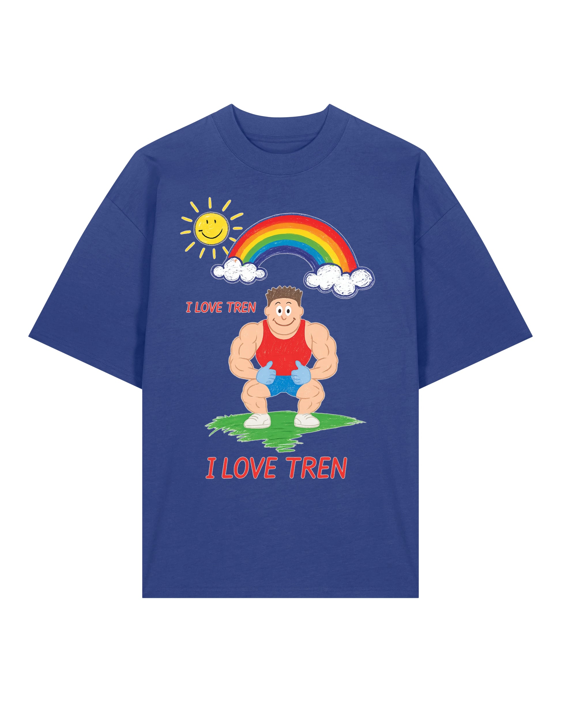 Oversized Gym Shirt „I Love Tren“ in Blau – Fun Gym Shirt von Teeflix, 100% Bio-Baumwolle, Lustiges Pump Cover für Herren & Damen