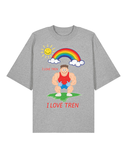 Oversized Gym Shirt „I Love Tren“ in Grau – Lustiges Fitness Fun Shirt von Teeflix, 100% Bio-Baumwolle, Oversized Pump Cover