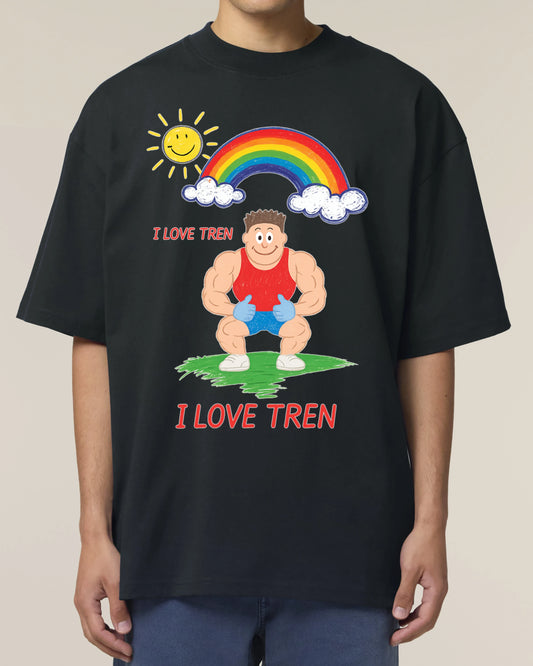 Oversized Gym Shirt „I Love Tren“ in Schwarz – Lustiges Pump Cover T-Shirt von Teeflix, 100% Bio-Baumwolle, Fun Fitness Shirt