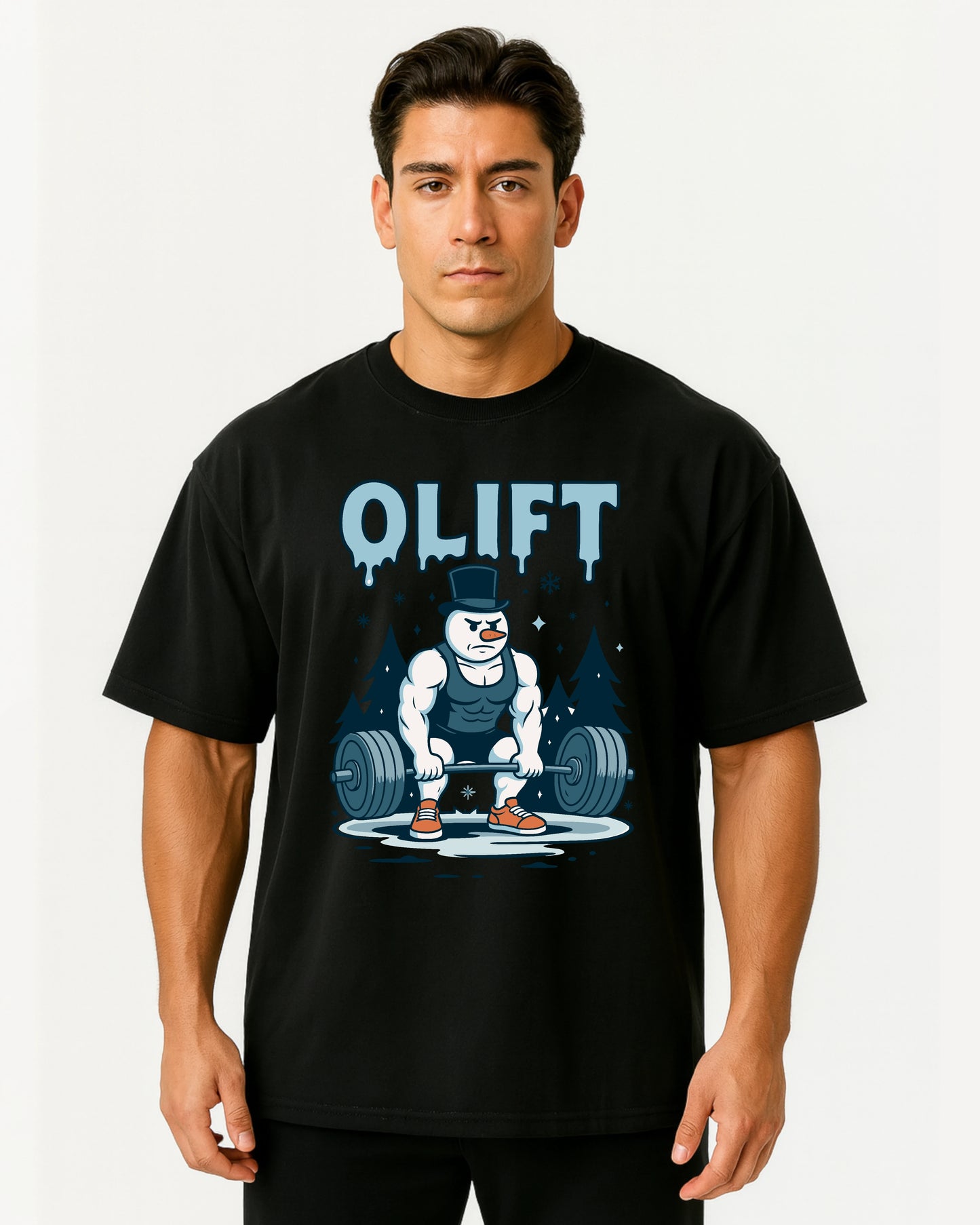 „Schwarzes Oversized GhostGym Pumpcover mit muskulösem Schneemann, der ein Deadlift hebt, Schriftzug OLIFT.“