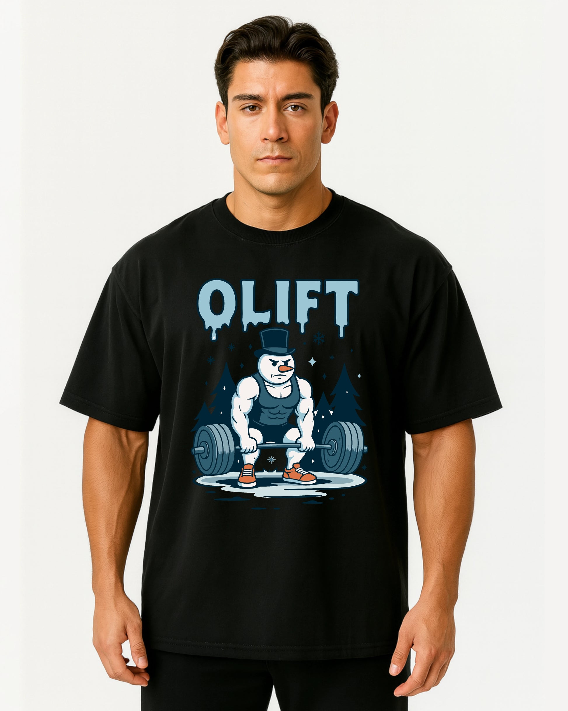 „Schwarzes Oversized GhostGym Pumpcover mit muskulösem Schneemann, der ein Deadlift hebt, Schriftzug OLIFT.“