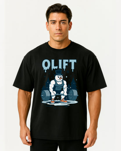 „Schwarzes Oversized GhostGym Pumpcover mit muskulösem Schneemann, der ein Deadlift hebt, Schriftzug OLIFT.“