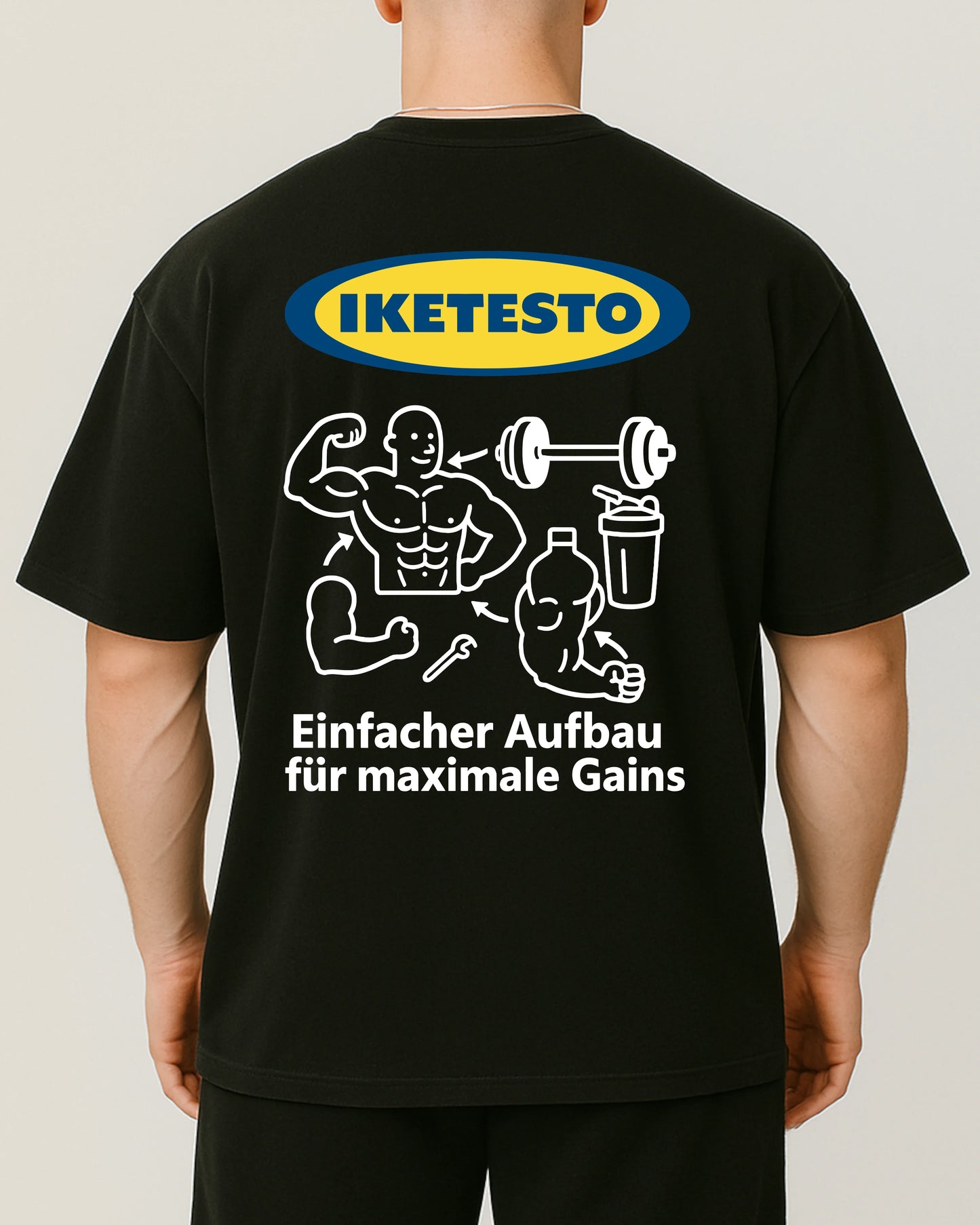IKETESTO Oversize Pumpcover Shirt in Schwarz – lustiges Fitnessshirt mit Spruch „Einfacher Aufbau für maximale Gains“