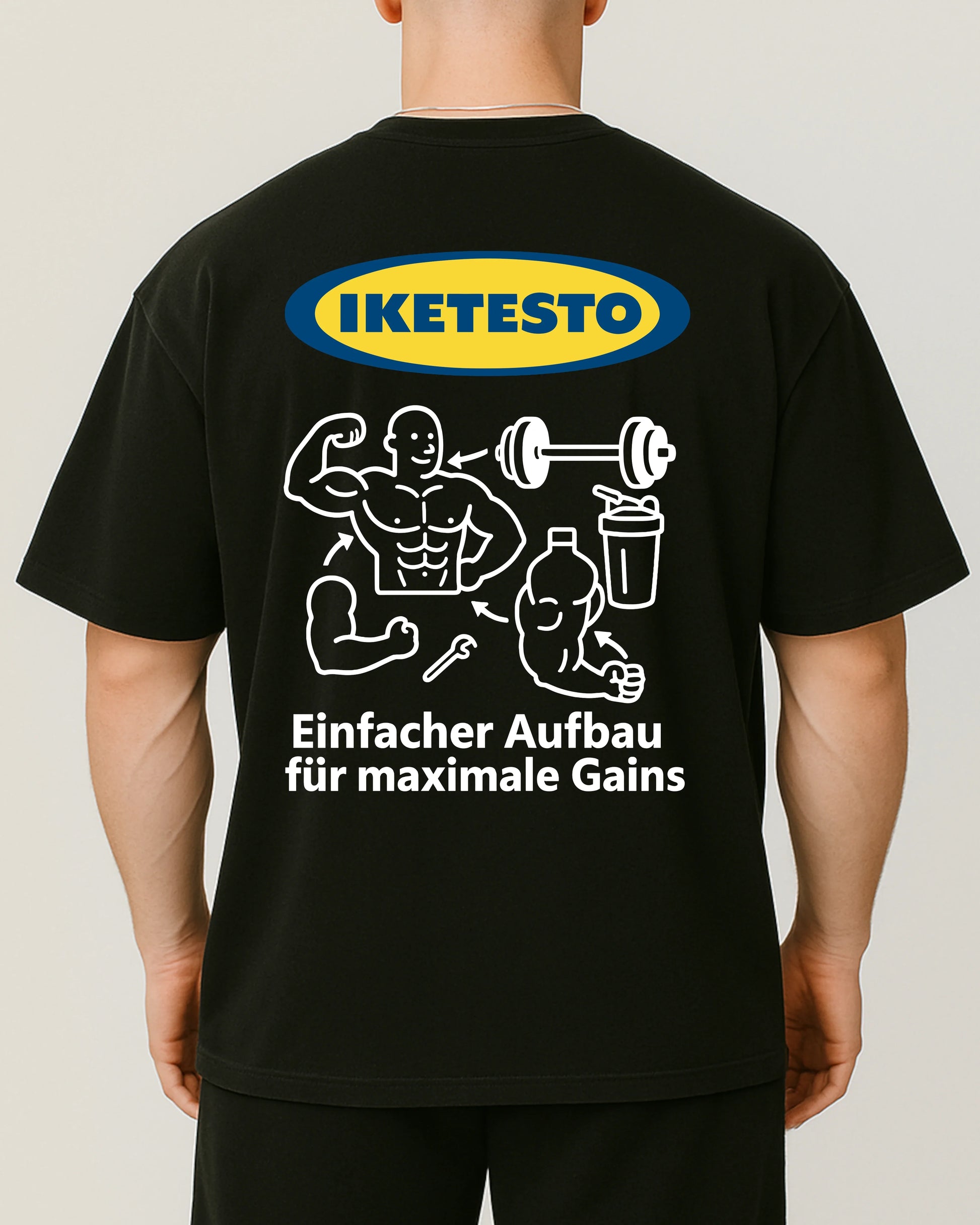 IKETESTO Oversize Pumpcover Shirt in Schwarz – lustiges Fitnessshirt mit Spruch „Einfacher Aufbau für maximale Gains“