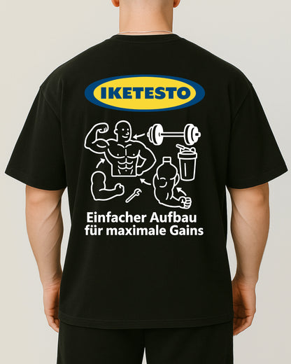 IKETESTO Oversize Pumpcover Shirt in Schwarz – lustiges Fitnessshirt mit Spruch „Einfacher Aufbau für maximale Gains“