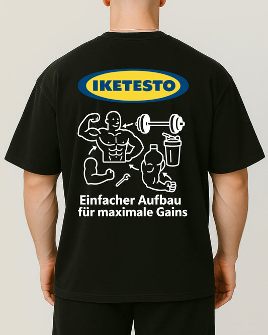 IKETESTO Oversize Pumpcover Shirt in Schwarz – lustiges Fitnessshirt mit Spruch „Einfacher Aufbau für maximale Gains“