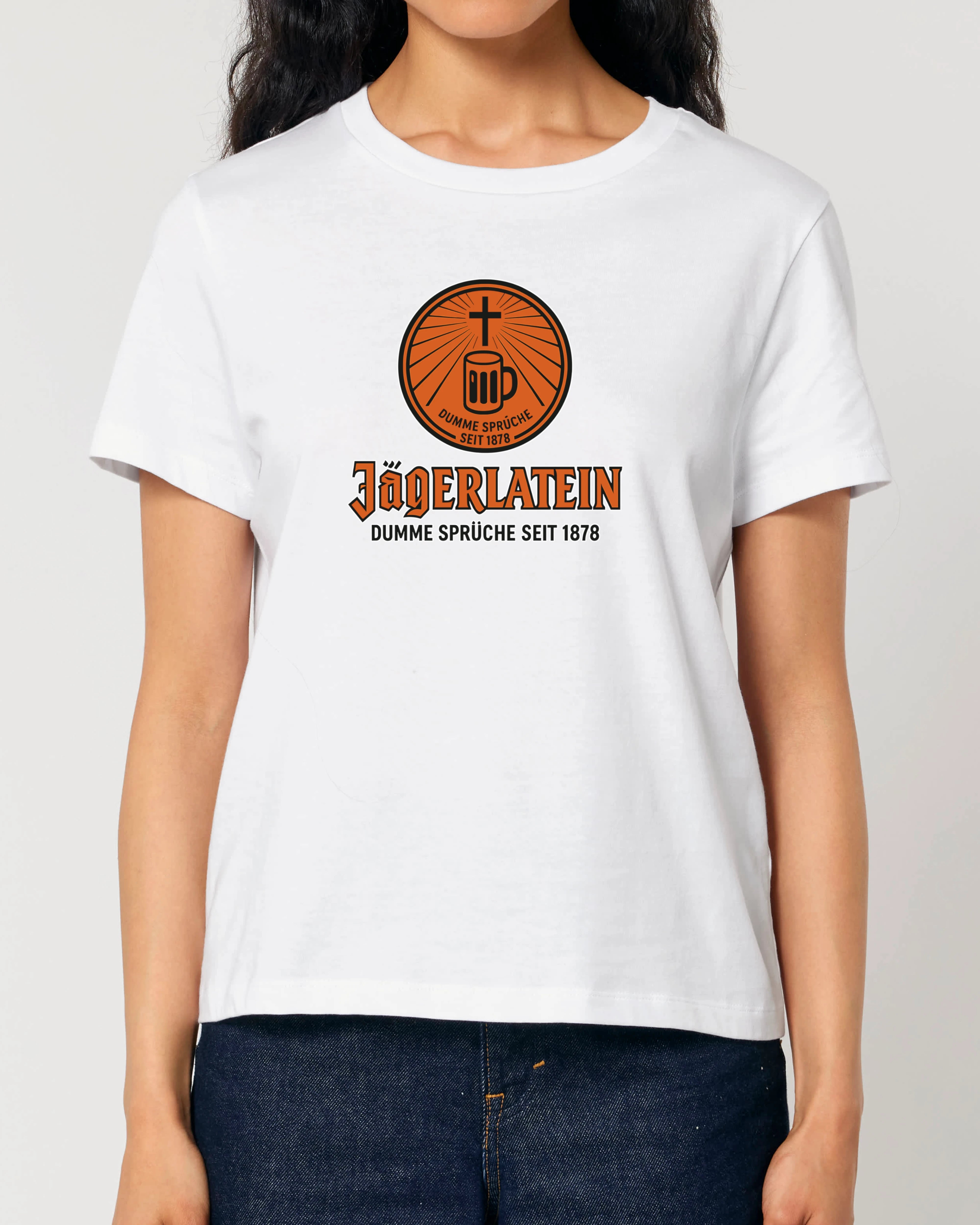 Jägerlatein Damen T-Shirt Weiß – Lustiges Sprüche Shirt mit Bier und Kreuz