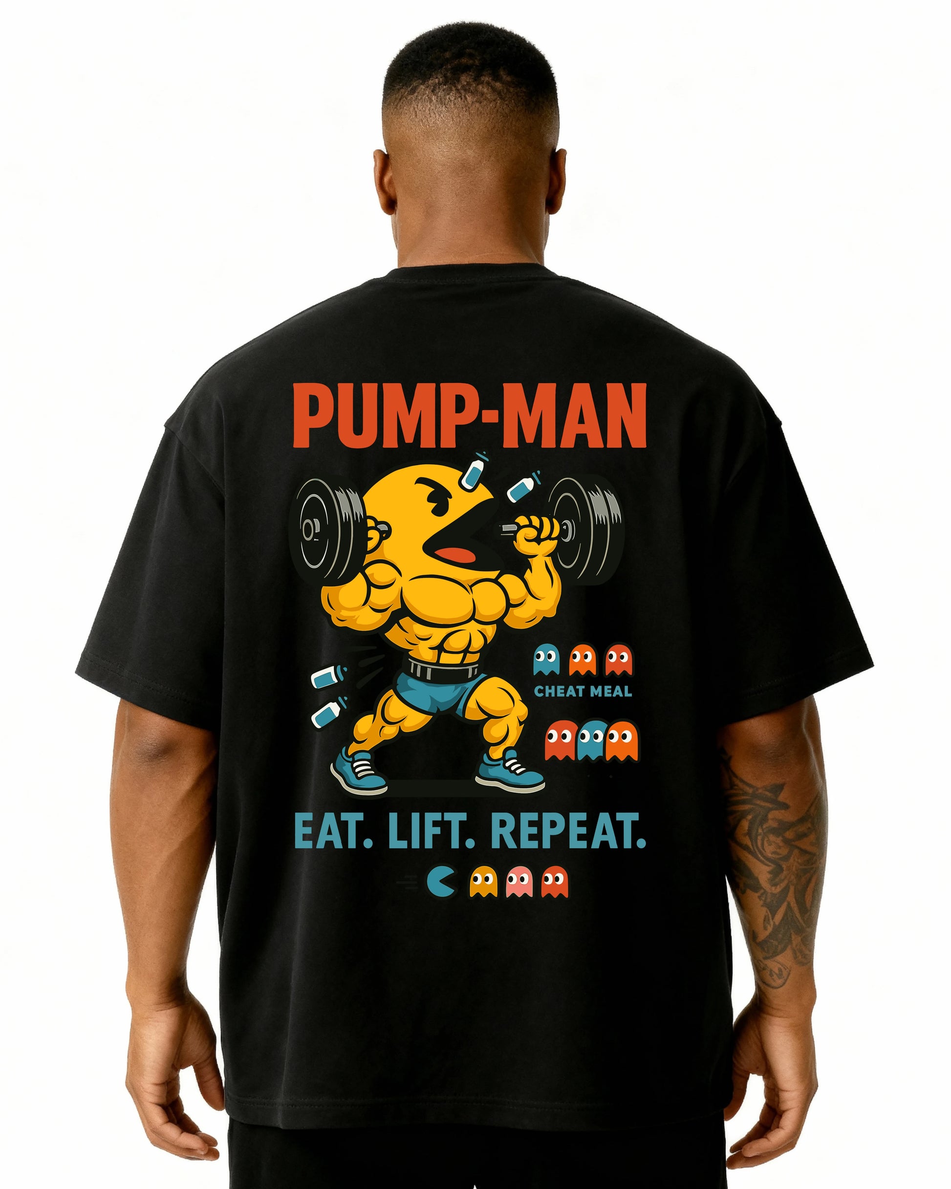 „Oversized Pumpcover T-Shirt Schwarz – Pump-Man Retro Gaming Lifting Motiv“