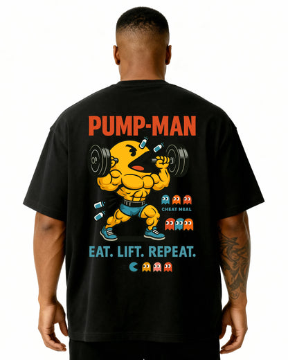 „Oversized Pumpcover T-Shirt Schwarz – Pump-Man Retro Gaming Lifting Motiv“