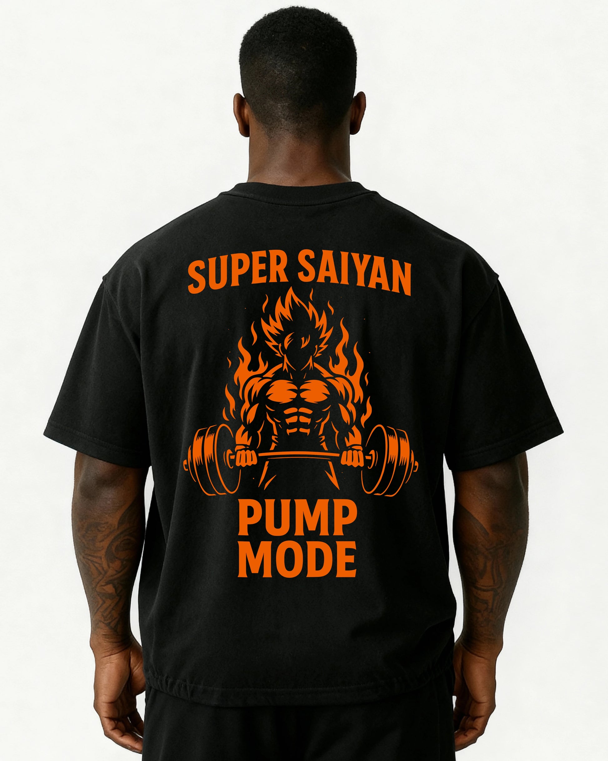 Oversized Pumpcover T-Shirt Schwarz – Super Saiyan Pump Mode Rückenprint