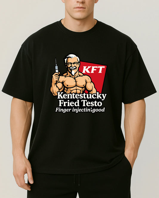 Kentestucky Fried Testo Oversize Pumpcover Shirt in Schwarz – lustiges Gymshirt mit Spruch „Finger injectin’ good“