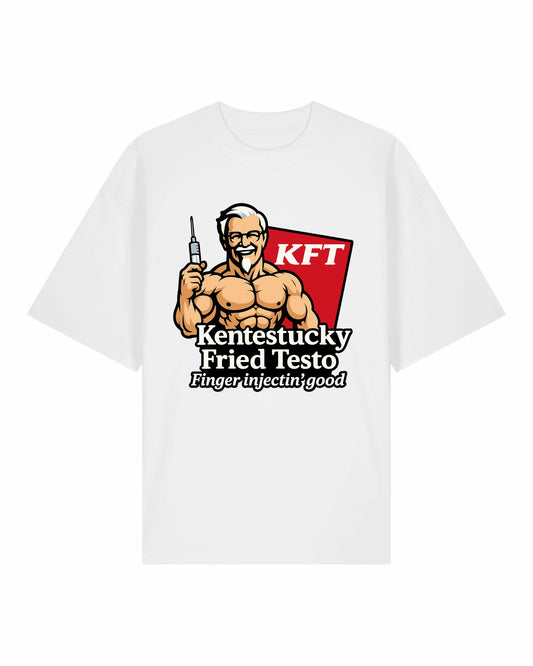 Kentestucky Fried Testo Oversize Pumpcover Shirt in Weiß – humorvolles Gymshirt mit Kultdesign