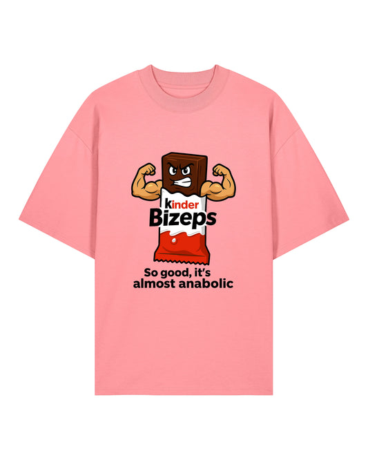 Kinder Bizeps Oversize Pumpcover Shirt in Pink – Funny Gymwear mit auffälligem Bizeps Schokoriegel Print