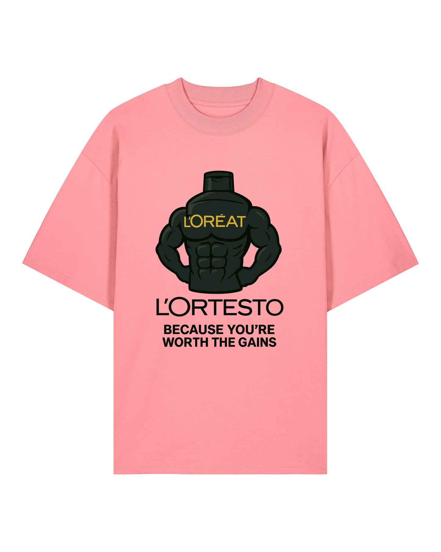 L’ORTESTO Oversize Pumpcover Shirt in Pink – Funny Gymwear mit kultigem Gains-Spruch