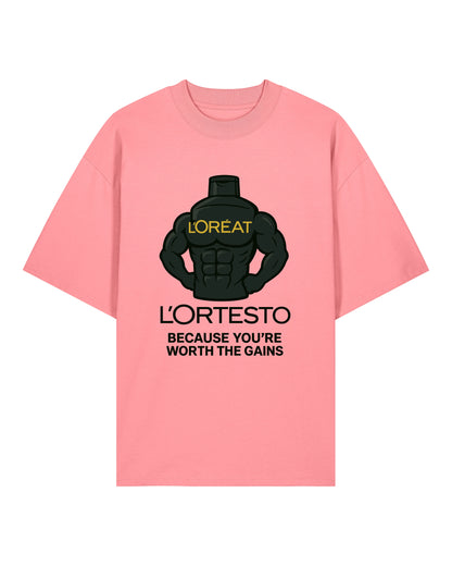 L’ORTESTO Oversize Pumpcover Shirt in Pink – Funny Gymwear mit kultigem Gains-Spruch