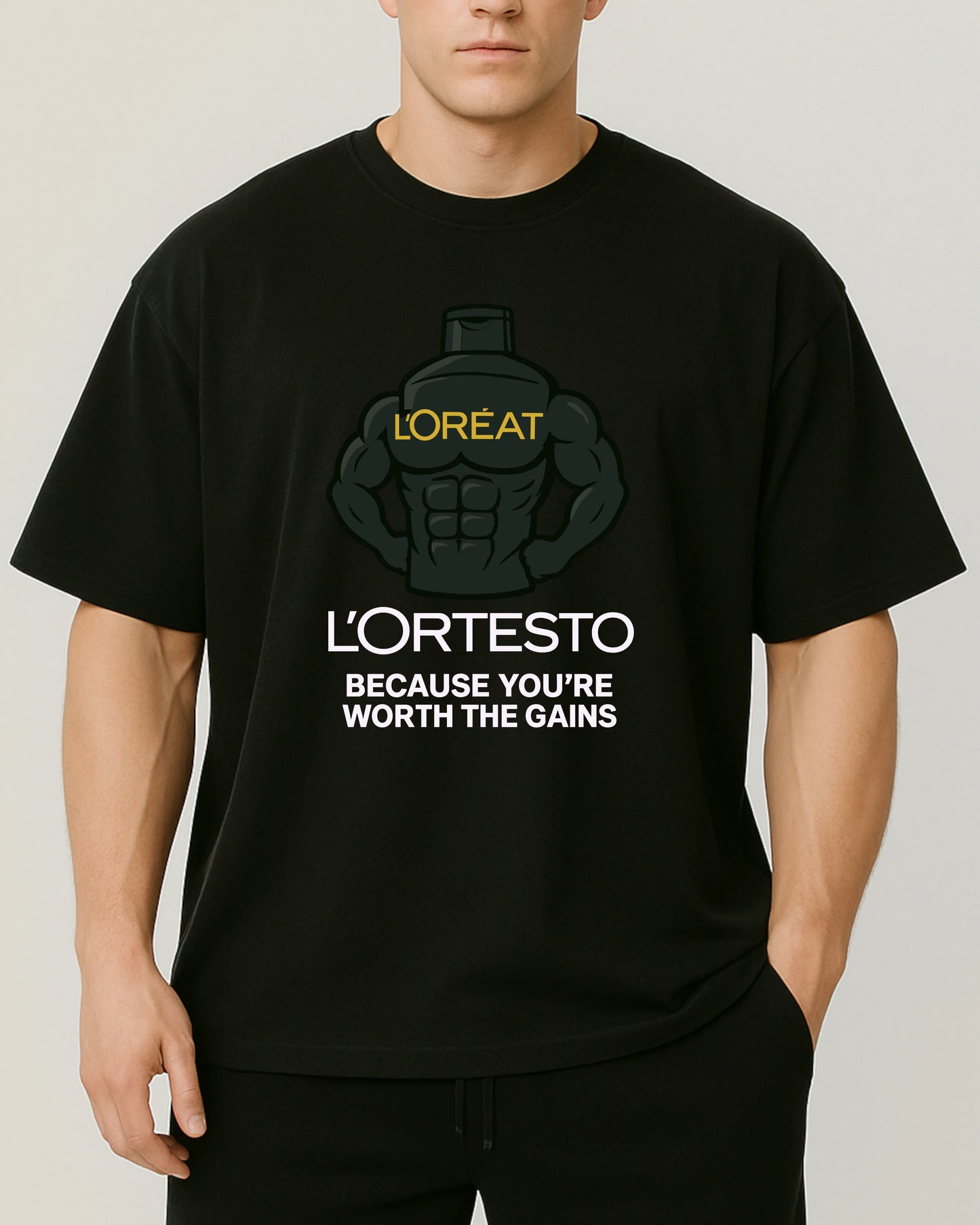 L’ORTESTO Oversize Pumpcover Shirt in Schwarz – lustiges Gymshirt mit Spruch „Because you’re worth the gains“