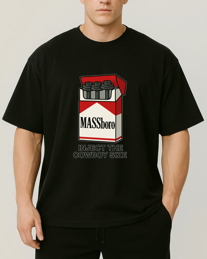 MASSboro Oversize Pumpcover Shirt in Schwarz – lustiges Gymshirt mit Spruch „Inject the Cowboy Size“