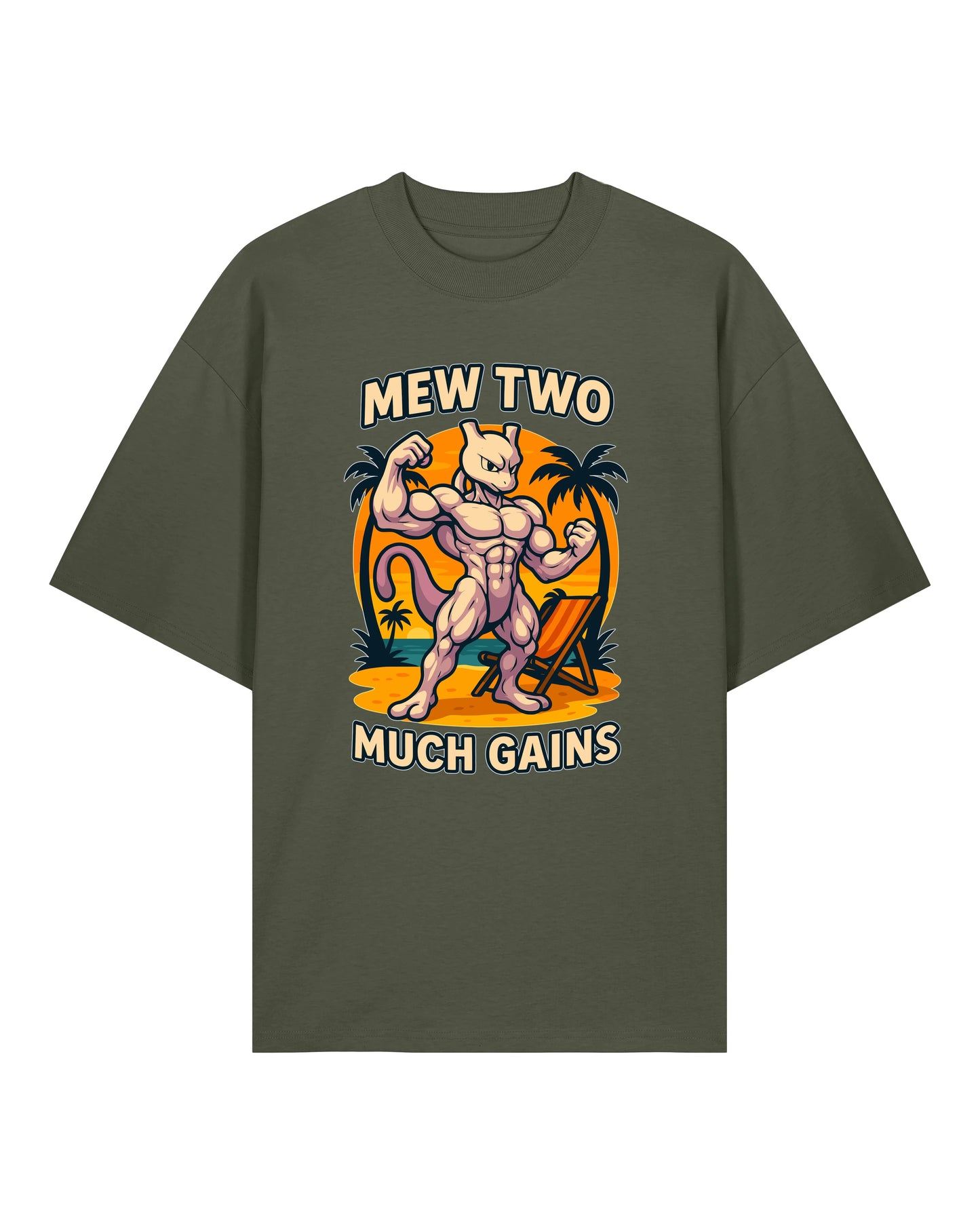 Oversized Gym Shirt „Mew Two Much Gains“ in Armygrün – Fun Bodybuilding Shirt von Teeflix, 100% Bio-Baumwolle, Training & Workout