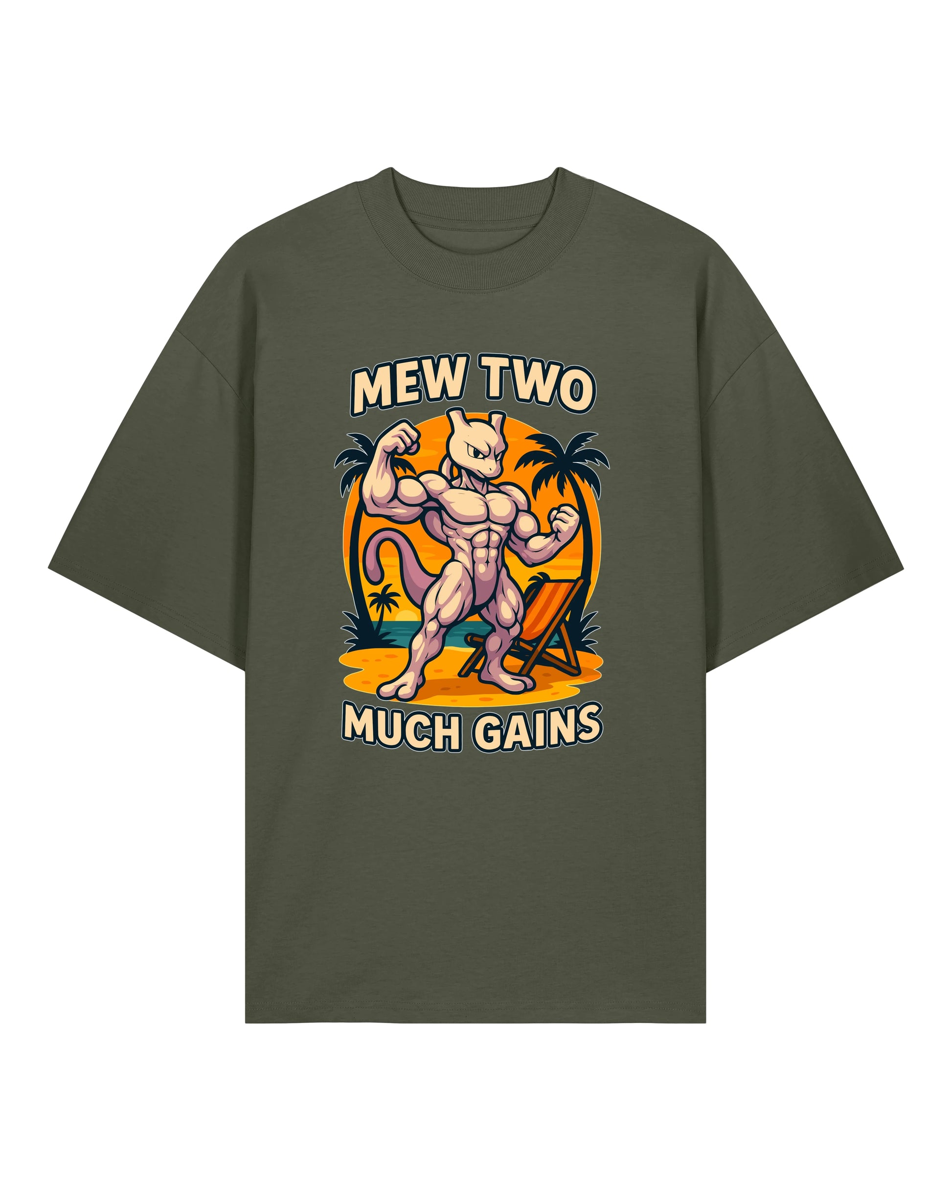 Oversized Gym Shirt „Mew Two Much Gains“ in Armygrün – Fun Bodybuilding Shirt von Teeflix, 100% Bio-Baumwolle, Training & Workout
