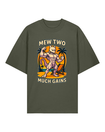 Oversized Gym Shirt „Mew Two Much Gains“ in Armygrün – Fun Bodybuilding Shirt von Teeflix, 100% Bio-Baumwolle, Training & Workout
