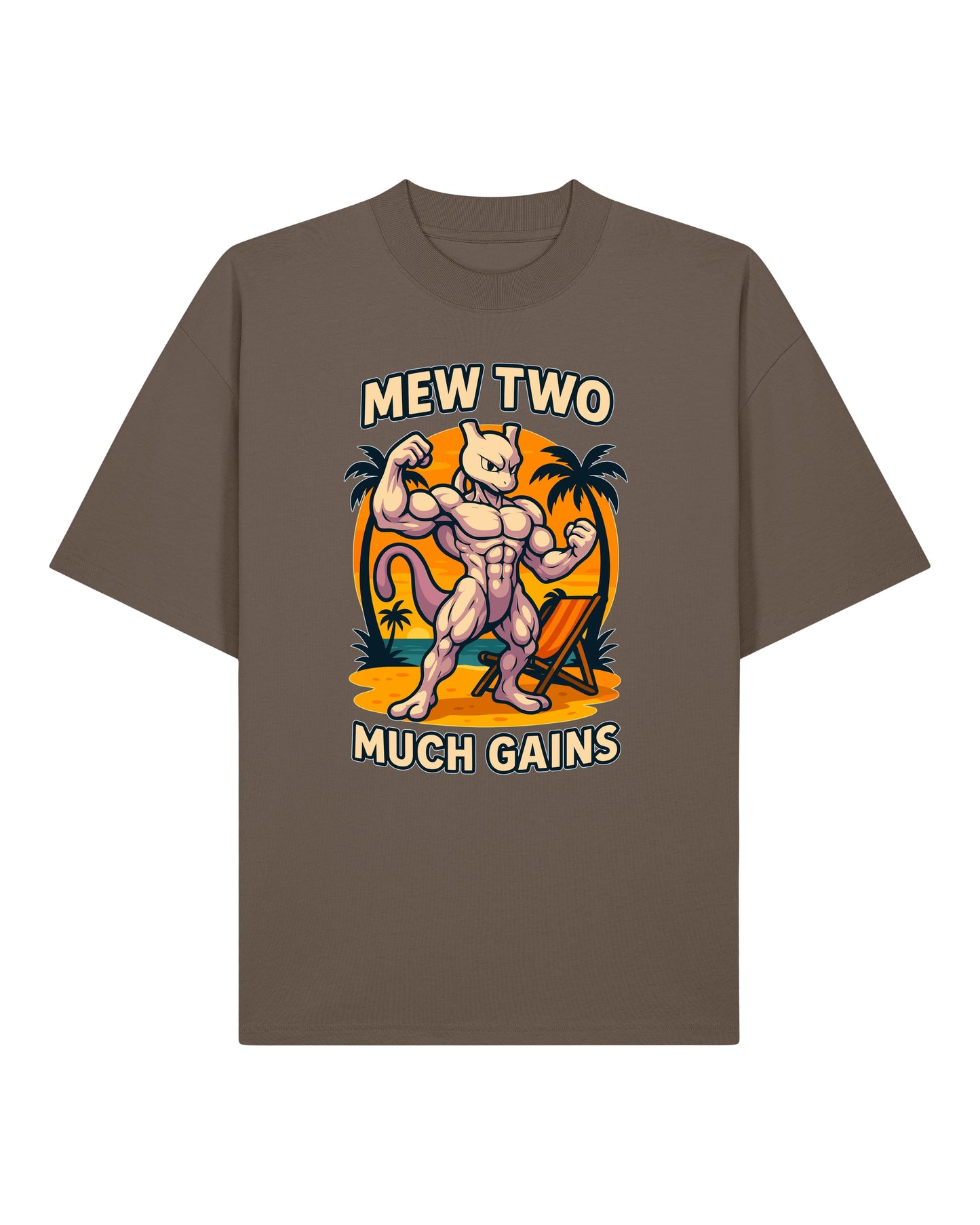 Oversized Gym Shirt „Mew Two Much Gains“ in Braun – Pump Cover Fitness T-Shirt von Teeflix, 100% Bio-Baumwolle, Fun Gym Shirt Herren