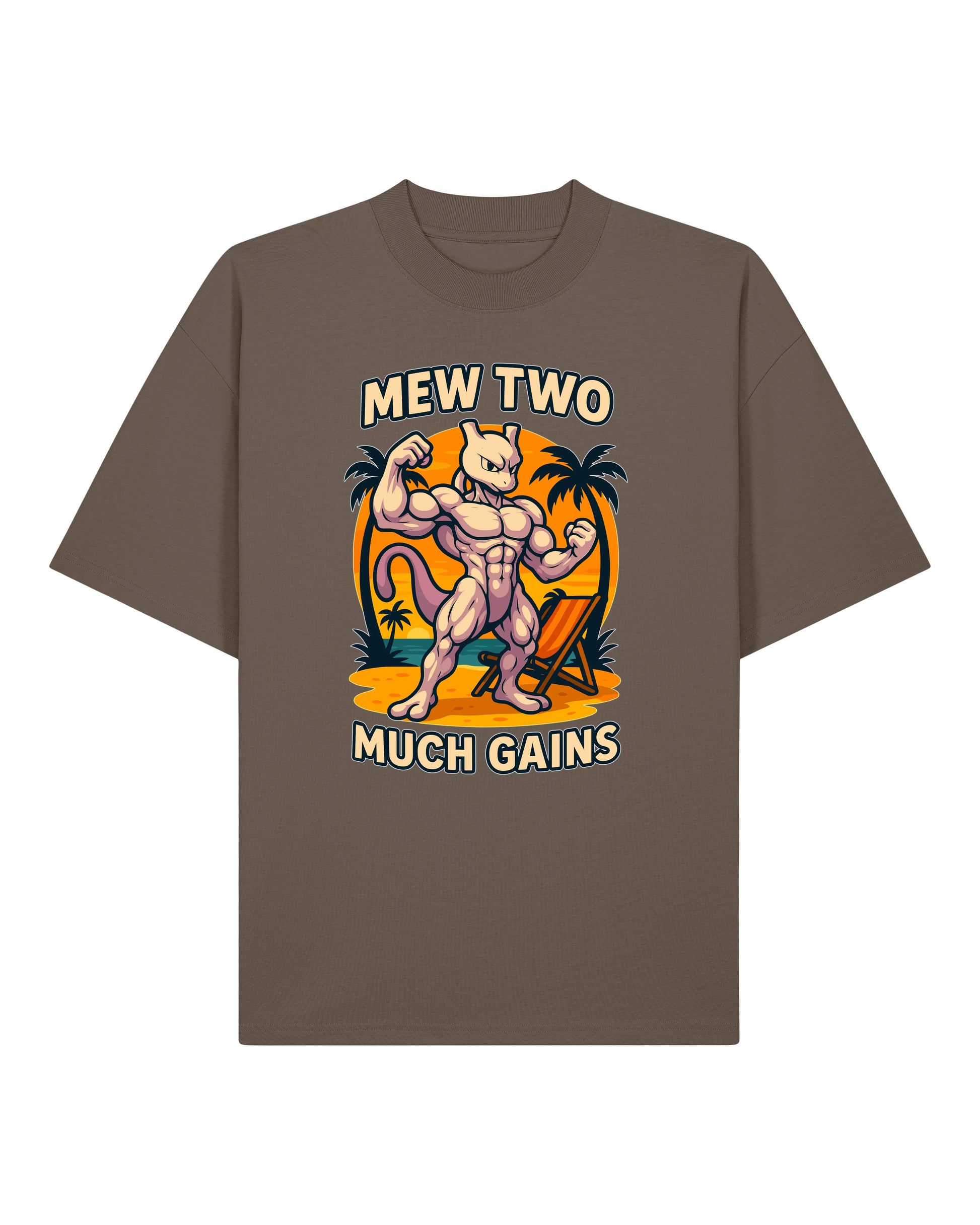 Oversized Gym Shirt „Mew Two Much Gains“ in Braun – Pump Cover Fitness T-Shirt von Teeflix, 100% Bio-Baumwolle, Fun Gym Shirt Herren