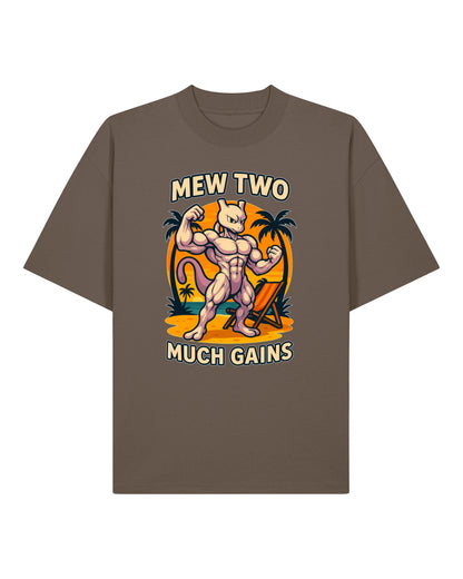 Oversized Gym Shirt „Mew Two Much Gains“ in Braun – Pump Cover Fitness T-Shirt von Teeflix, 100% Bio-Baumwolle, Fun Gym Shirt Herren