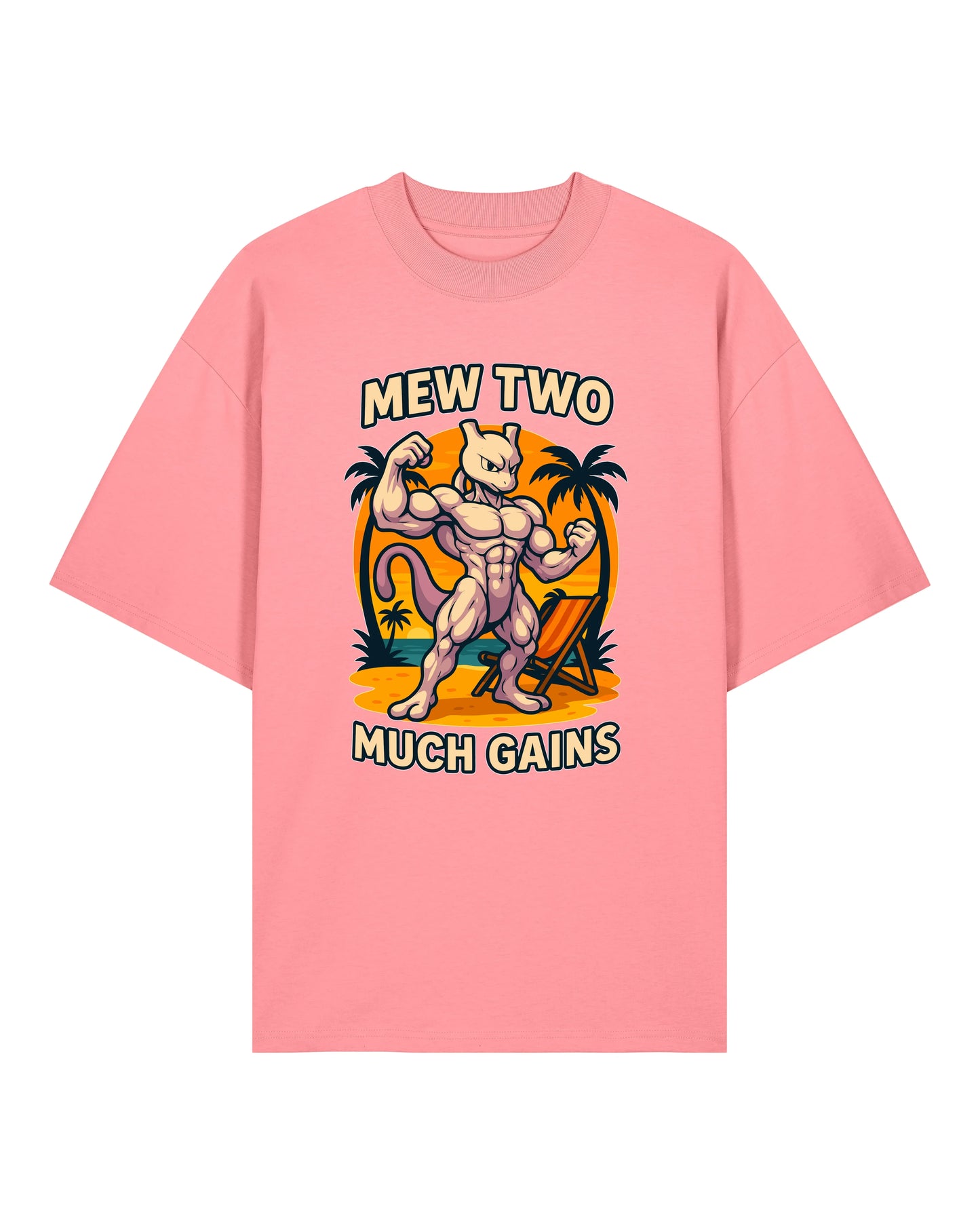 Oversized Gym Shirt „Mew Two Much Gains“ in Rosa – Fun Gym Shirt für Herren & Damen von Teeflix, 100% Bio-Baumwolle, Pump Cover