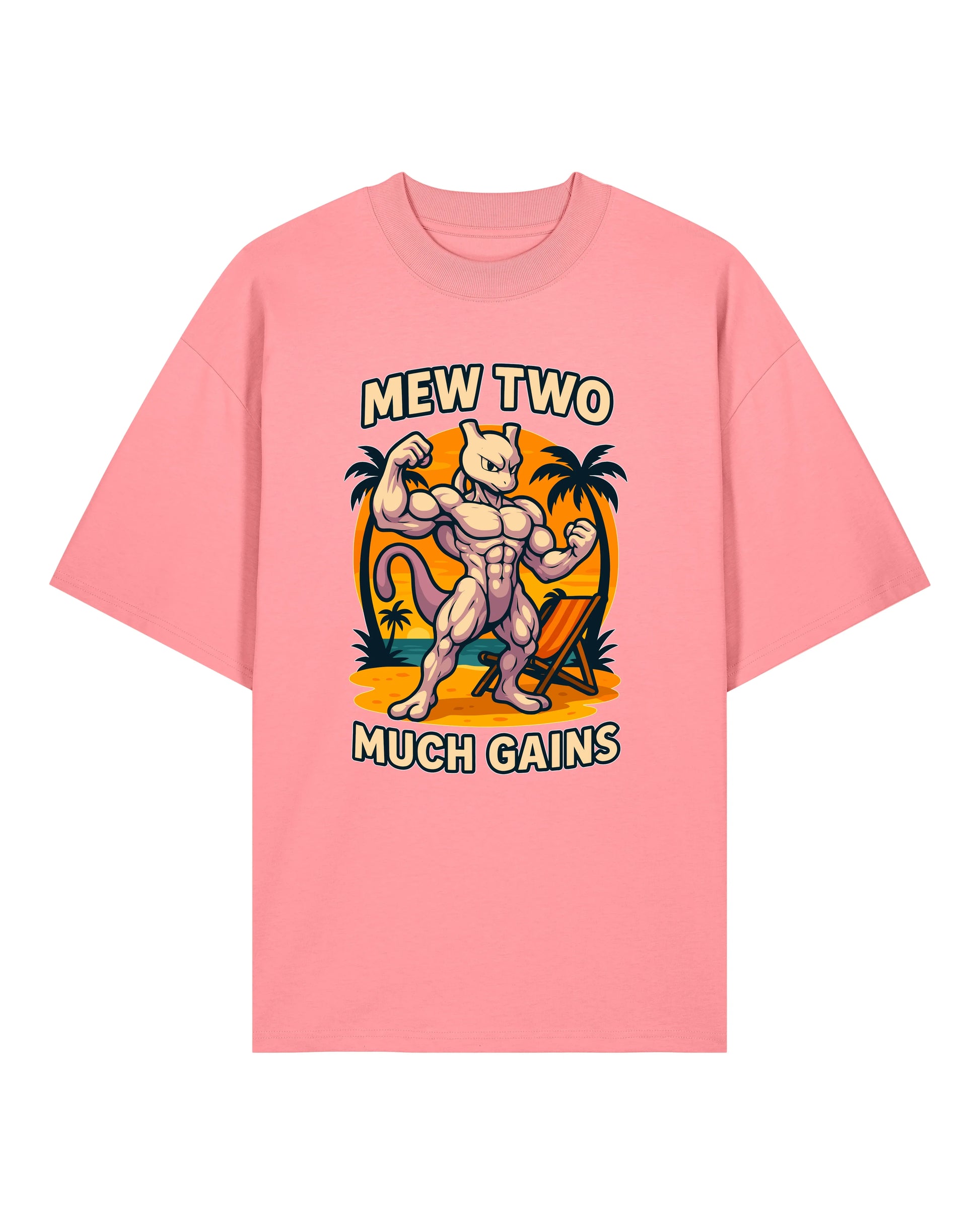 Oversized Gym Shirt „Mew Two Much Gains“ in Rosa – Fun Gym Shirt für Herren & Damen von Teeflix, 100% Bio-Baumwolle, Pump Cover
