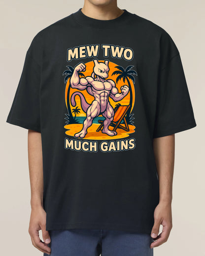 Oversized Gym Shirt „Mew Two Much Gains“ in Schwarz – Pump Cover T-Shirt von Teeflix, 100% Bio-Baumwolle, lustiges Fitness Shirt Herren