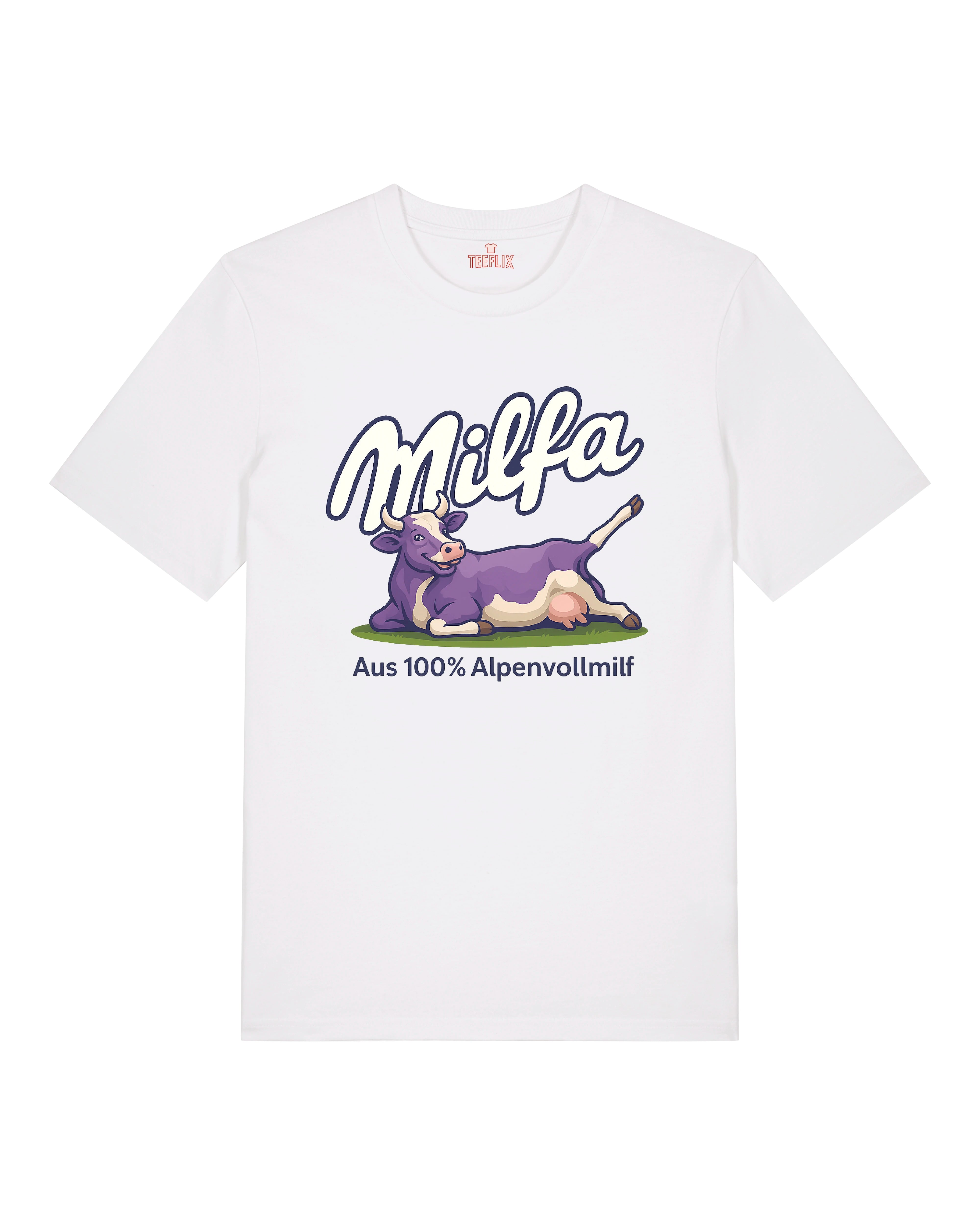 Milfa T-Shirt in Weiß mit lila Kuh und Aufdruck "Aus 100% Alpenvollmilf"