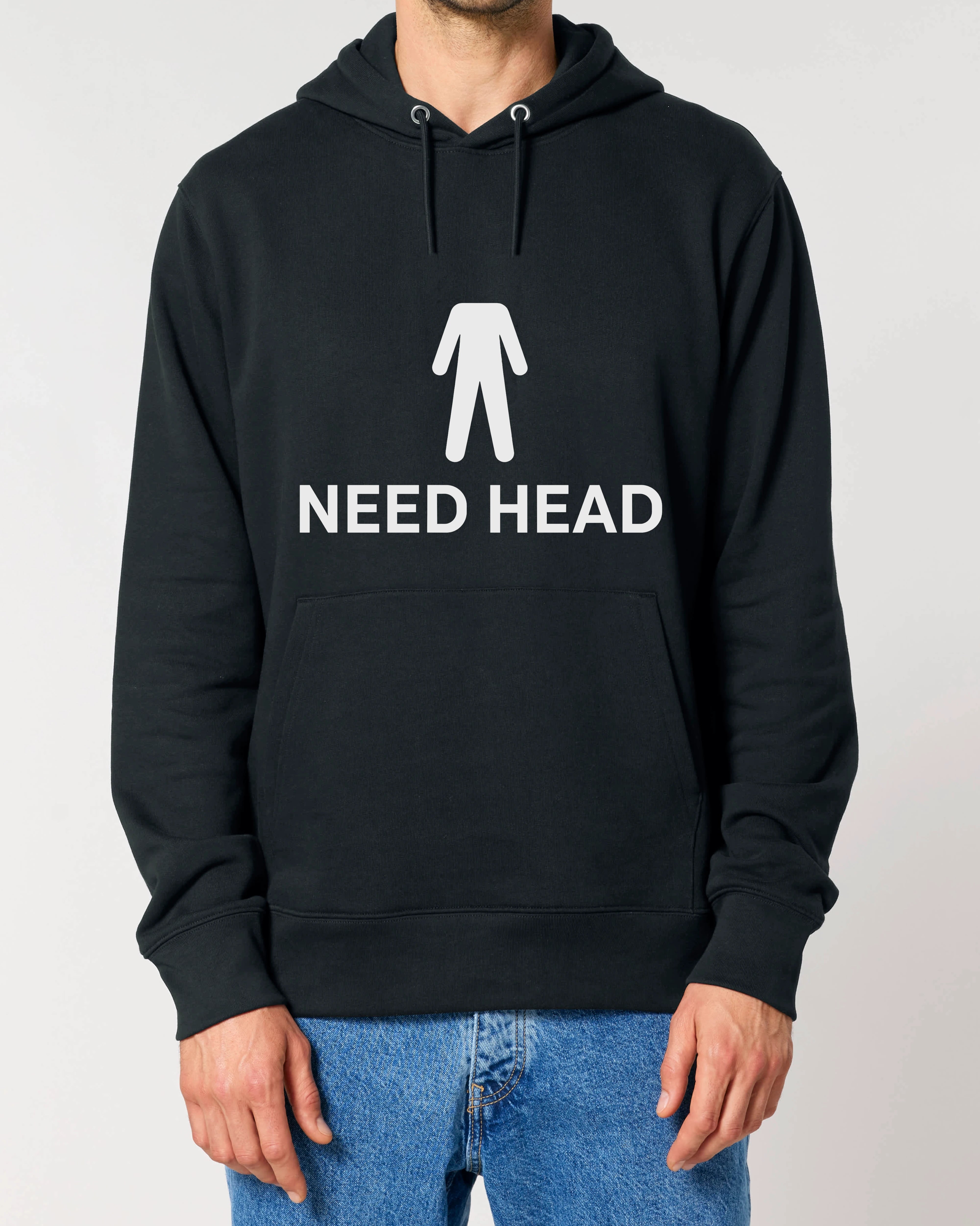 Schwarzer Hoodie mit Spruch „Need Head“ – Lustiger Hoodie mit Symbol