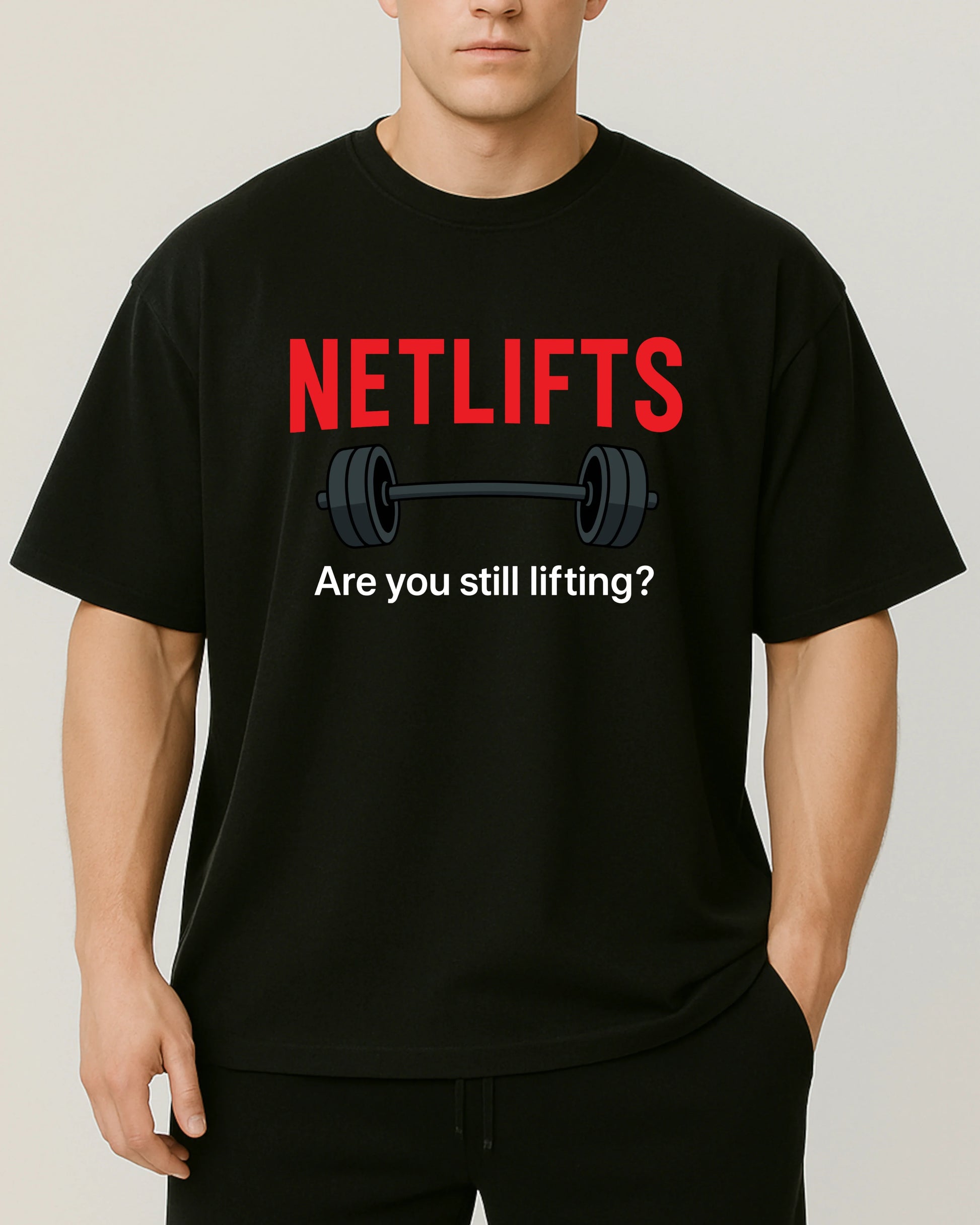 NETLIFTS Oversize Pumpcover Shirt in Schwarz – lustiges Gymshirt mit Spruch „Are you still lifting?“
