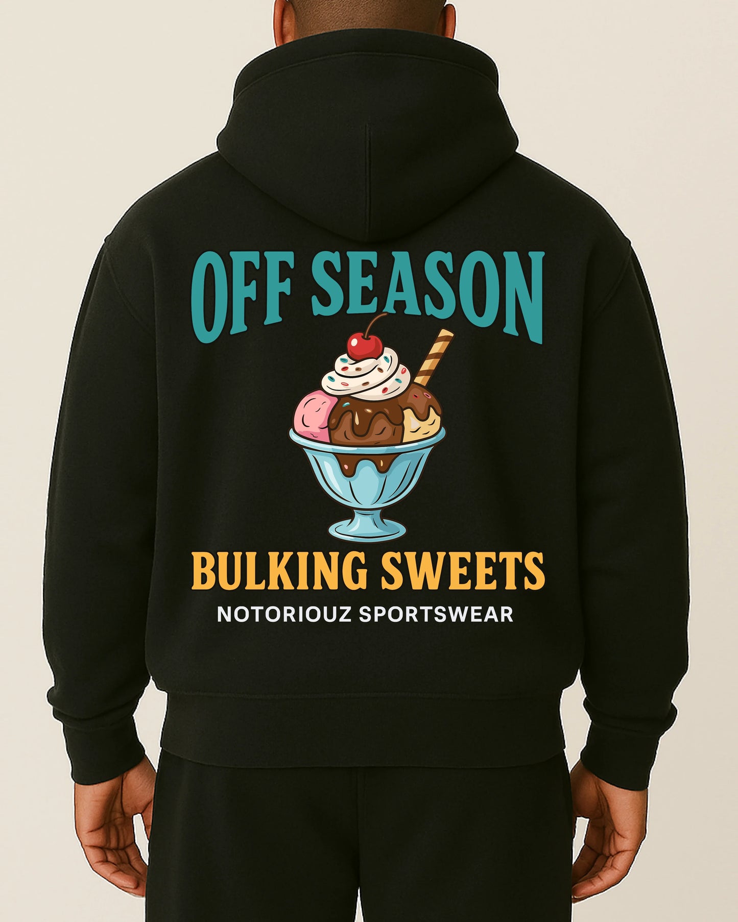 OFF SEASON “Bulking Sweets – Ice Cream Edition” Hoodie von Notoriouz Sportswear mit Eisbecher-Print – Oversize Gym & Streetwear Hoodie für Herren