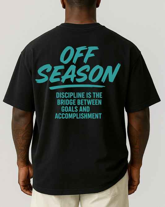 OFF SEASON “Discipline Bridge – Blue Edition” Oversize T-Shirt von Notoriouz Sportswear mit türkisem Motivations-Print – Gym Streetwear für Herren