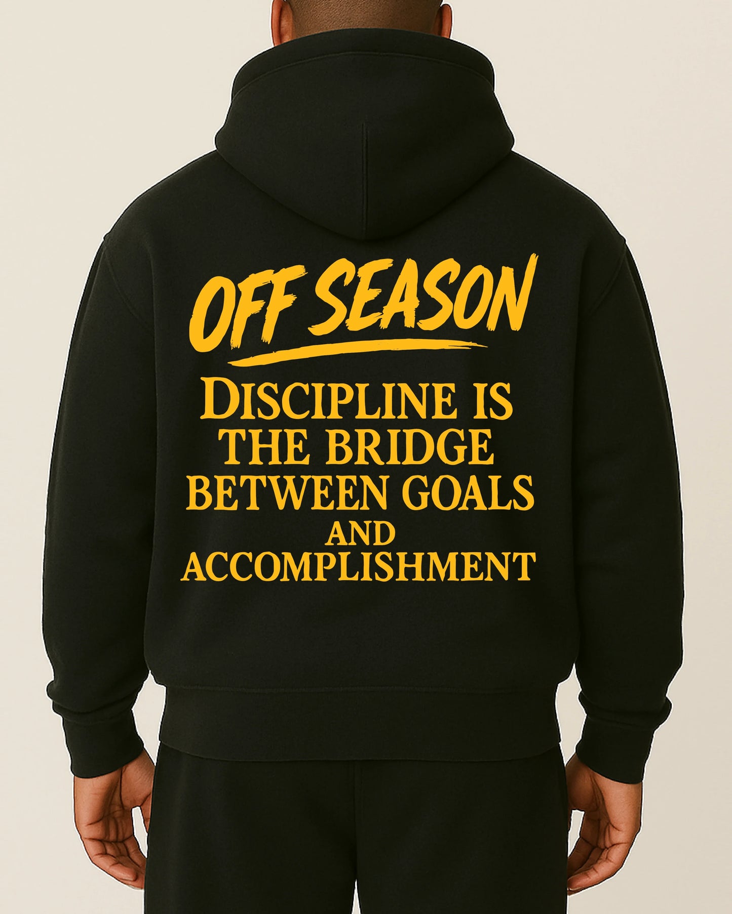 OFF SEASON “Discipline Bridge – Yellow Edition” Hoodie von Notoriouz Sportswear mit gelbem Motivations-Print – Oversize Gym & Streetwear Hoodie für Herren