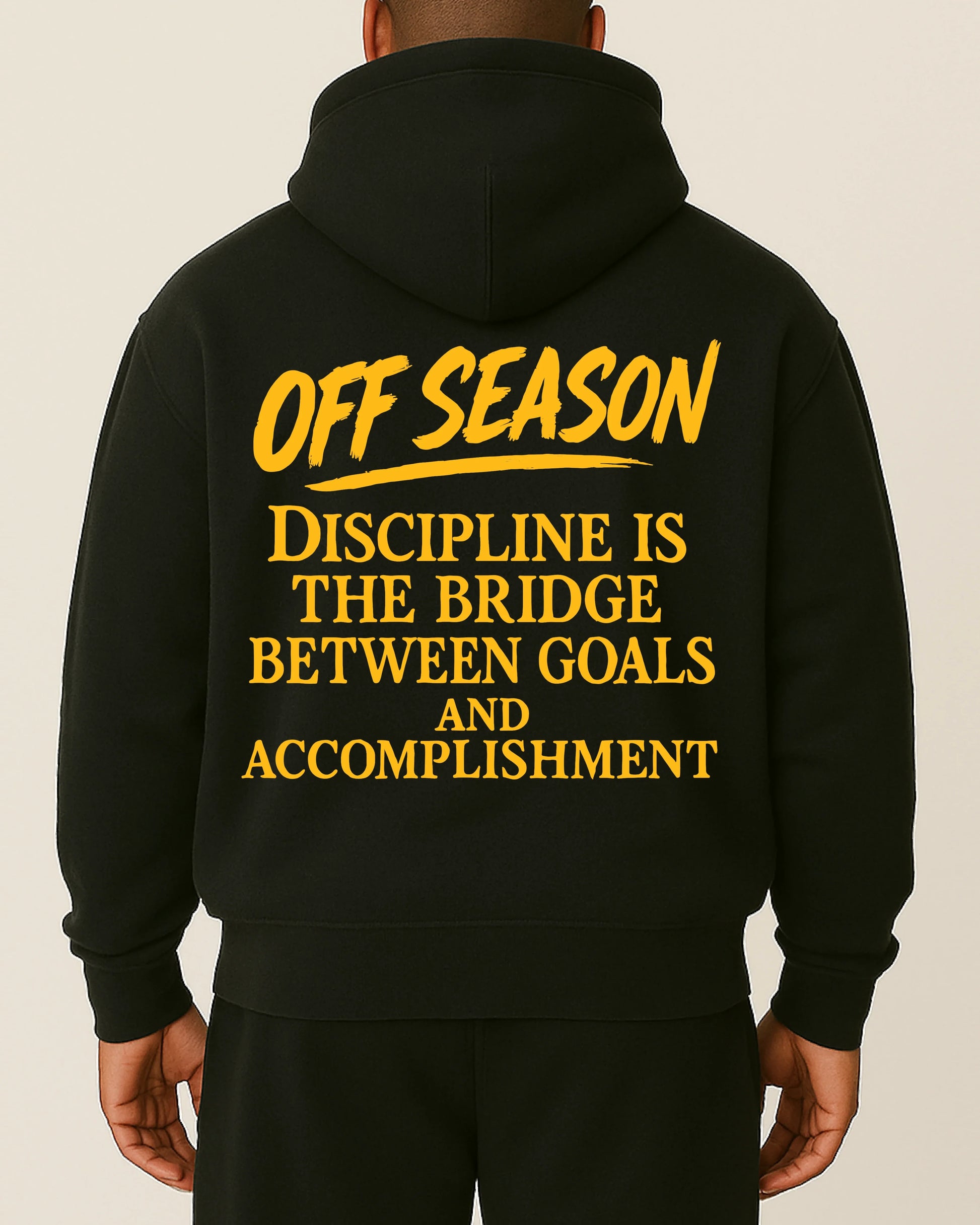 OFF SEASON “Discipline Bridge – Yellow Edition” Hoodie von Notoriouz Sportswear mit gelbem Motivations-Print – Oversize Gym & Streetwear Hoodie für Herren