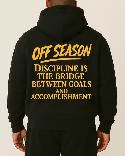 OFF SEASON “Discipline Bridge – Yellow Edition” Hoodie von Notoriouz Sportswear mit gelbem Motivations-Print – Oversize Gym & Streetwear Hoodie für Herren