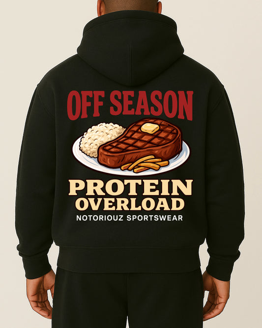OFF SEASON “Protein Overload – Steak Edition” Hoodie von Notoriouz Sportswear mit Steak-Print – Oversize Gym & Streetwear Hoodie für Herren
