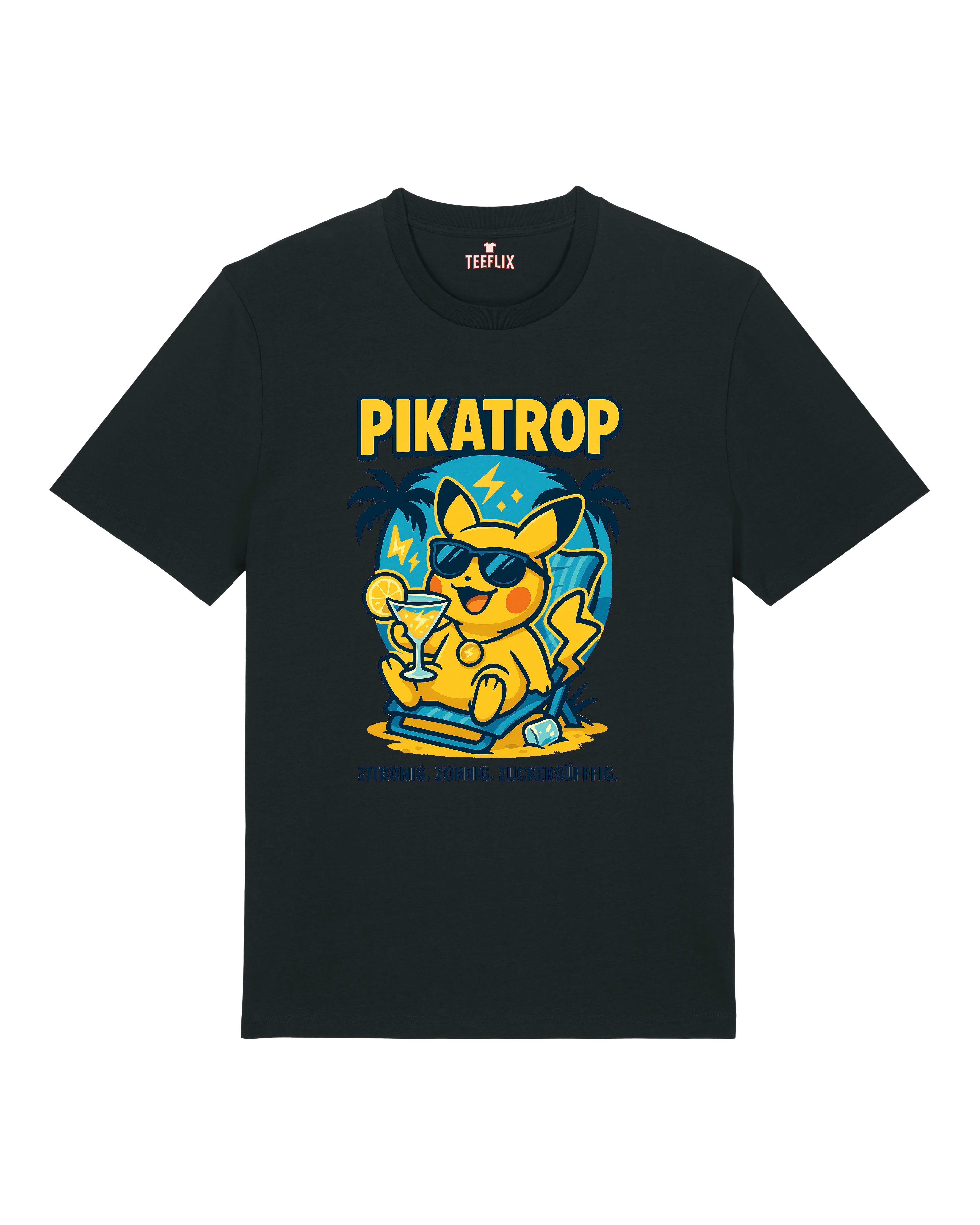 Schwarzes „Pikatrop“ T-Shirt mit auffälligem Sommer-Print – lässig, zornig, süffig: Das perfekte Shirt für laue Nächte.