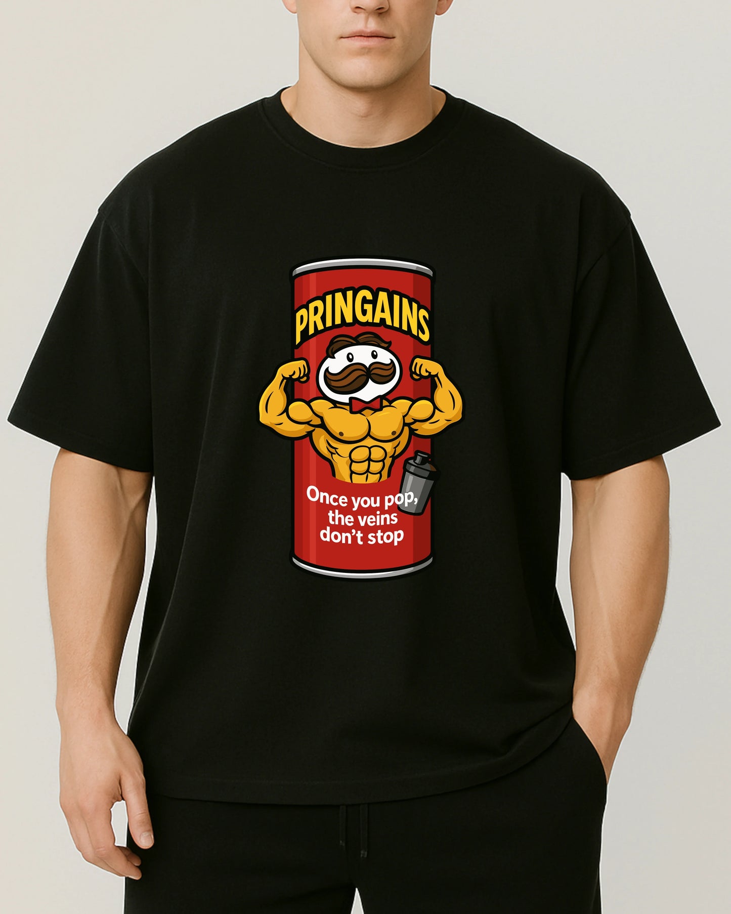PRINGAINS Oversize Pumpcover Shirt in Schwarz – lustiges Gymshirt mit Spruch „Once you pop, the veins don’t stop“